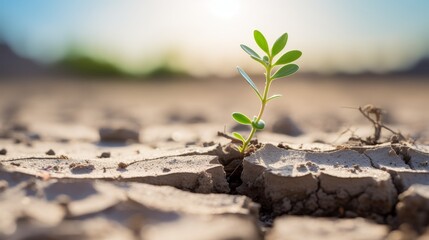 A plant pushing through a crack in the dry ground
