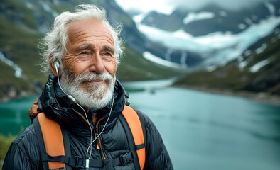 Happy Elderly Retired Man Listening Music with Earphones while Hiking with Backpack at the Alps Mountains in Switzerland