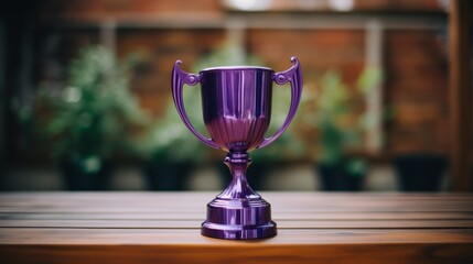 A purple trophy is placed on top of a wooden table