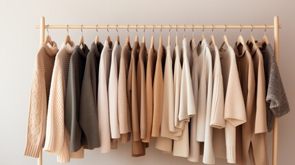 A rack holds assorted neutral - toned sweaters on wooden hangers 