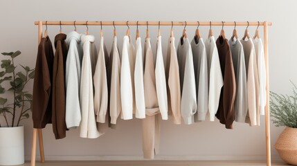 A rack holds assorted neutral - toned sweaters on wooden hangers 