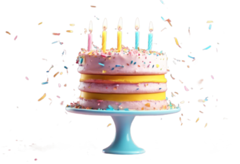 candles Birthday Flying pastel isolated cake background. 3d design. style confetti colorful rendering minimal cartoon Levitation. surprise background celebration party food sweet dessert