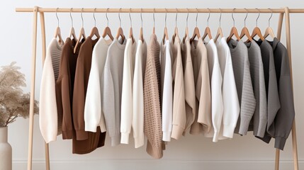 A rack holds assorted neutral - toned sweaters on wooden hangers 