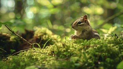 Naklejka na ściany i meble A cute little chipmunk sitting on a bed of moss, its tiny paws holding a nut, amidst the peacefulness of the green forest.