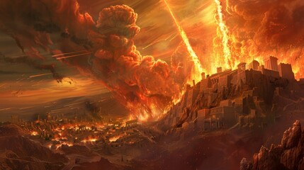 destruction of sodom and gomorrah by fire meteorites falling in high resolution and quality - obrazy, fototapety, plakaty