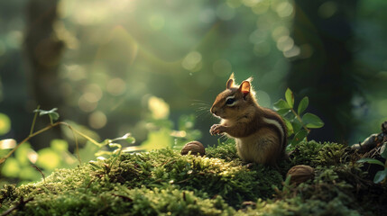 A cute little chipmunk sitting on a bed of moss, its tiny paws holding a nut, amidst the...