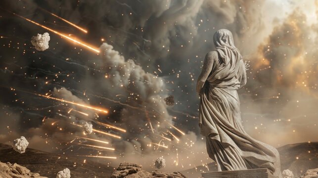 Lot's wife turned into a pillar of salt observing the destruction of Sodom and Gomorrah in high resolution