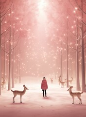 A person in a pink coat standing next to deer. Generative AI.