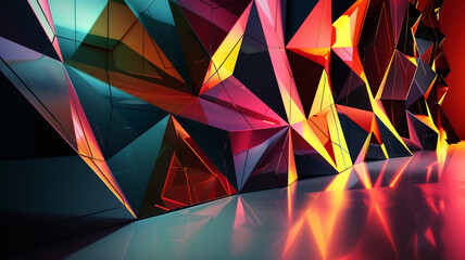 A mesmerizing 3D abstraction wall showcases vibrant geometric shapes and dynamic patterns, depicted in flawless