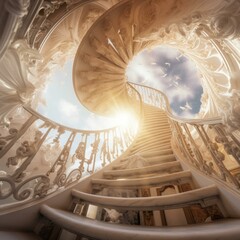 A spiral staircase with a white railing and birds flying around. Generative AI.