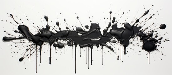 Detailed view of black paint splattered messily across a clean, white background