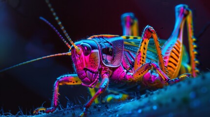 The ovipositor of a grasshopper highlighted in fluorescent colors demonstrating its incredible flexibility and ability to bend and - obrazy, fototapety, plakaty