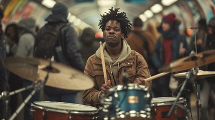 A man with dreadlocks playing drums in a  station. Generative AI.