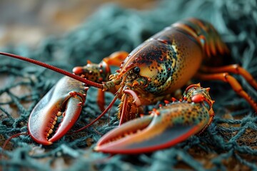 A lobster is sitting on a piece of blue netting. Generative AI.