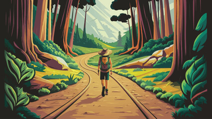 Exploring the Wilderness: Adventure Illustration of a Nature Trail Amidst Towering Trees