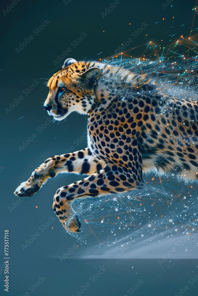 Poster cheetah running through water with sparkles, suitable for wildlife concepts