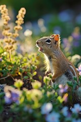 A squirrel standing in a field of flowers with its mouth open. Generative AI.
