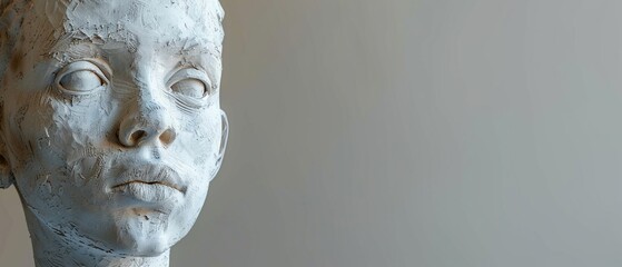 3D clay boy, introspective look, pastels, isolated on gentle grey, head bust sculpture, spacious banner area