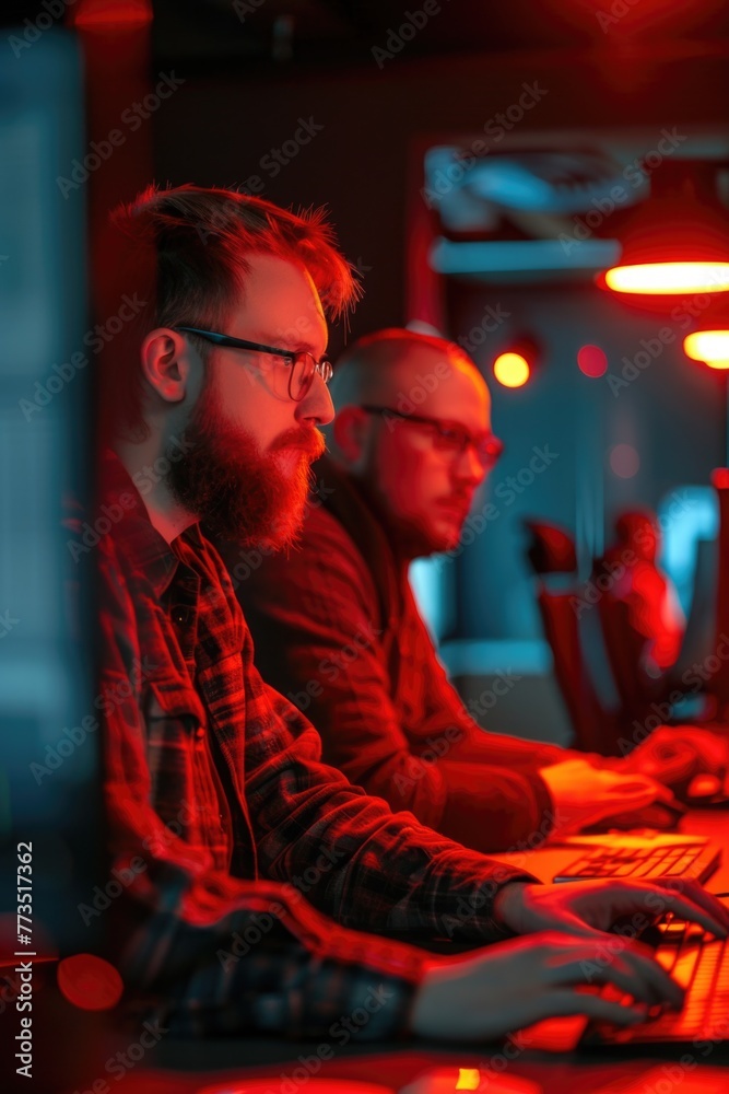 Poster two men sitting in front of a computer. suitable for business concept