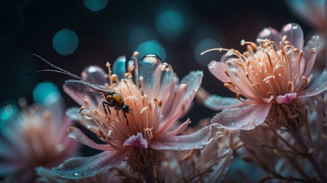 A close up of a flower with some bugs on it. Generative AI.