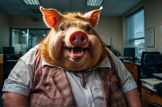 A large pig wearing a vest and tie in an office. Generative AI.