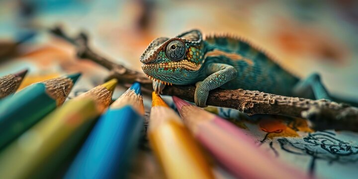 A chamelon lizard sitting on a branch with colored pencils. Generative AI.