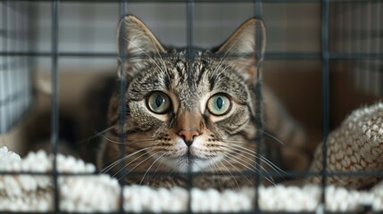 Cute tabby cat in cage, close-up. Animal shelter