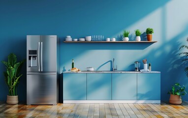 Modern kitchen interior with a blue wall and wooden floor