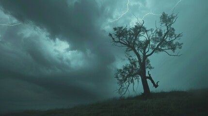 As the fury of a storm rages on a solitary tree stands tall bearing the scars of countless lightning strikes as a testament to its enduring strength against the raw power