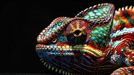 Close Up of a Chameleon with beautiful colors on a dark background