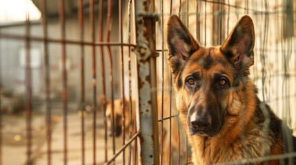 A dog inside a cage looking directly at the camera. Suitable for pet adoption ads