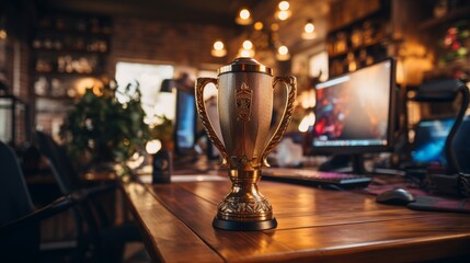 A shining gold trophy cup sits prominently on a wooden desk  - obrazy, fototapety, plakaty