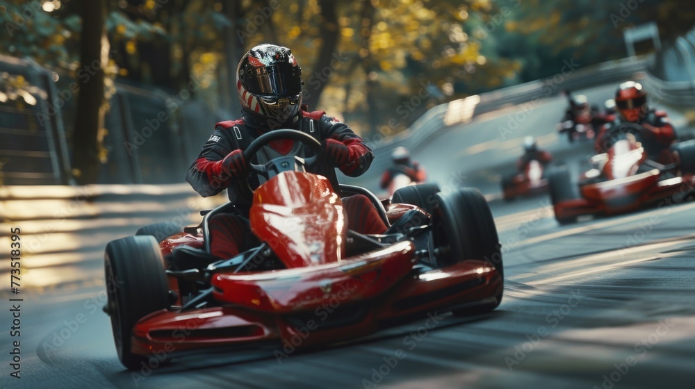 Poster A man driving a red race car down a street. Ideal for automotive and sports themes