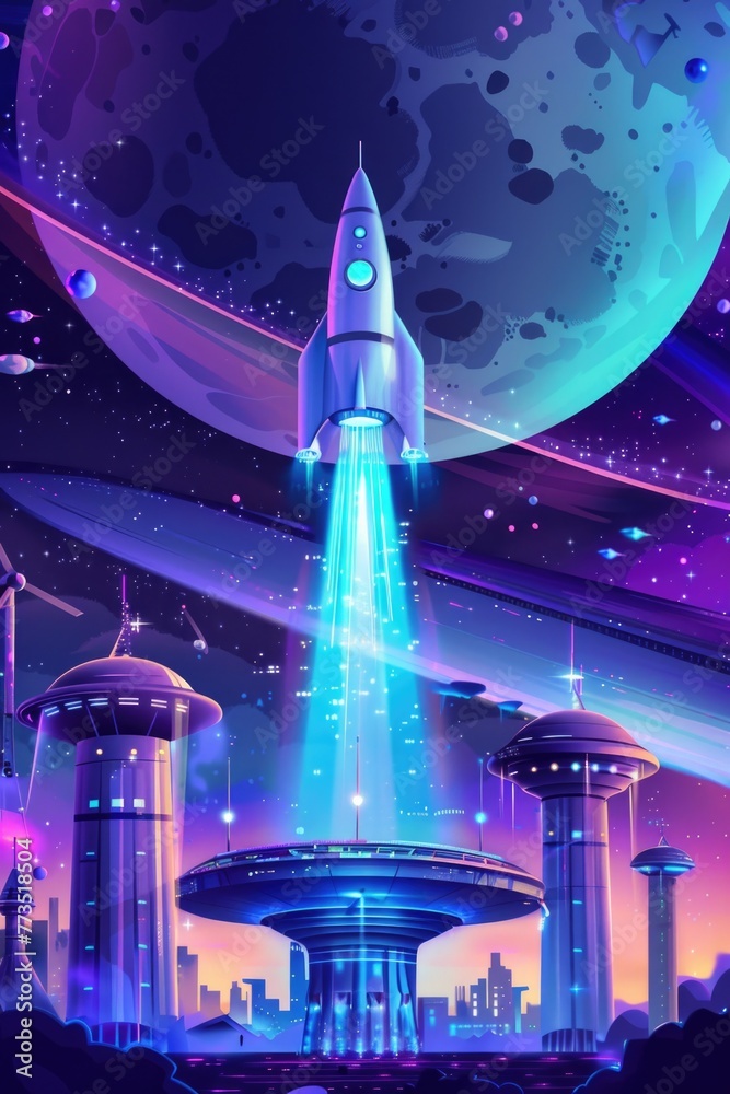 Poster A rocket flying over a space station. Suitable for science and technology concepts