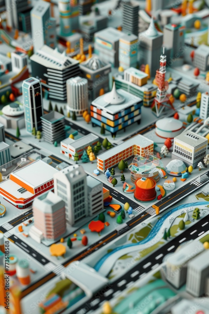Poster a model of a city with numerous buildings. suitable for urban development projects