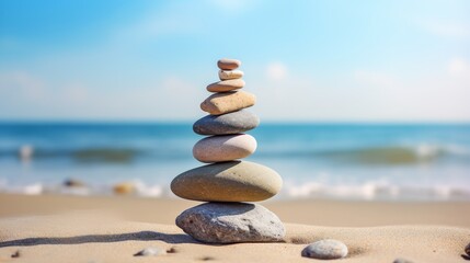 Fototapeta na wymiar A stack of rocks balanced on top of a sandy beach, creating a harmonious composition