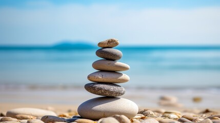 A stack of rocks balanced on top of a sandy beach, creating a harmonious composition
