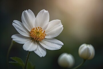 A close up of a white flower with a yellow center in the middle of the picture
