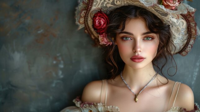 Elegant vintage: woman in baroque renaissance style clothing reminiscent of the victorian era, a timeless portrayal of grace and sophistication in historical fashion 19th century.