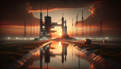 sunset with spaceship