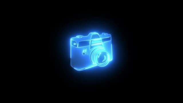 Camera icon glowing neon blue color animation black background