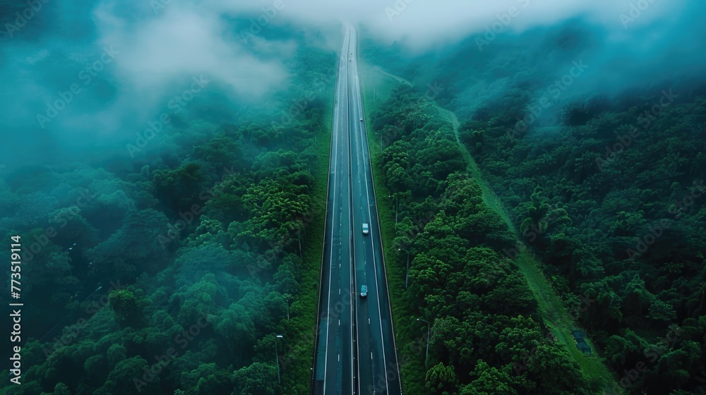 Poster aerial view of a highway cutting through a dense forest. suitable for transportation and nature conc