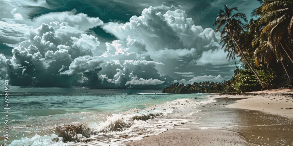 Poster a scenic view of a beach with palm trees in the background. ideal for travel and vacation concepts