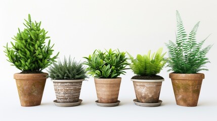 Fototapeta premium Four potted plants arranged neatly on a table. Suitable for home decor or gardening concepts