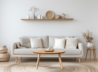 Modern living room interior with sofa, wooden coffee table and Scandinavian decoration elements in the style of Scandinavian home decor - obrazy, fototapety, plakaty