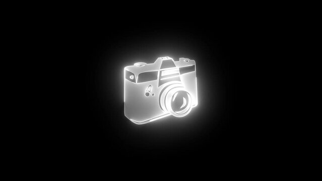 Camera icon glowing neon white color animation black background