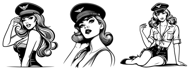 airplane pilot pin-up girl vintage style, black silhouette vector, woman shape print, monochrome clipart retro pin up illustration, laser cutting engraving nocolor