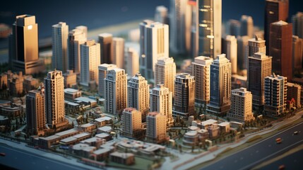 Detailed miniature model of cityscape, illuminated to highlight intricate design and layout, perfect for urban planning, architectural modeling, and the craftsmanship of miniature city replicas