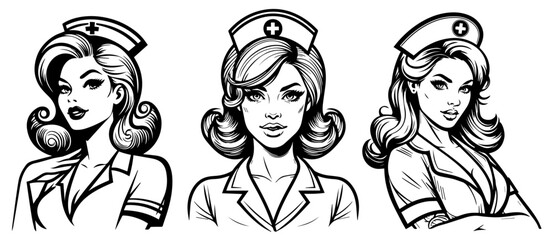 nurse doctor pin-up girl vintage style, black silhouette vector, woman shape print, monochrome clipart retro pin up illustration, laser cutting engraving nocolor