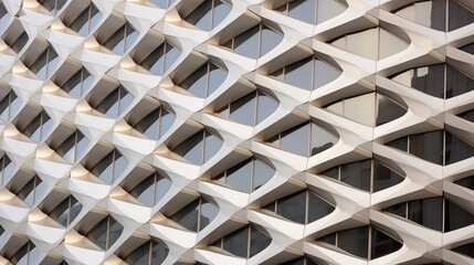 Modern architectural design featuring a pattern of white crisscrossed elements against the windows of a building. Future of architecture.